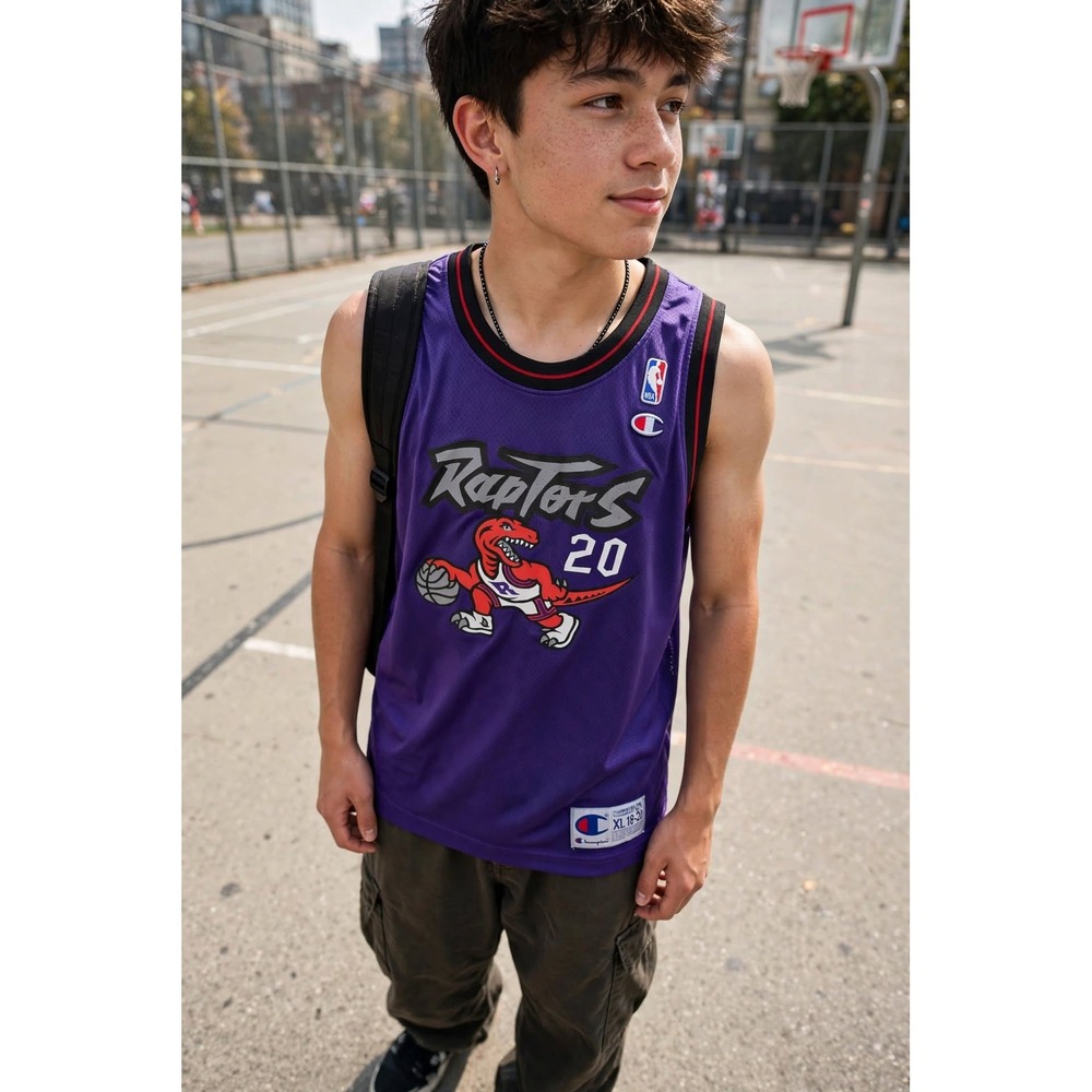 Vtg Champion Youth XL Toronto Raptors Stoudamire 20 Jersey 90s Purple NBA Mesh